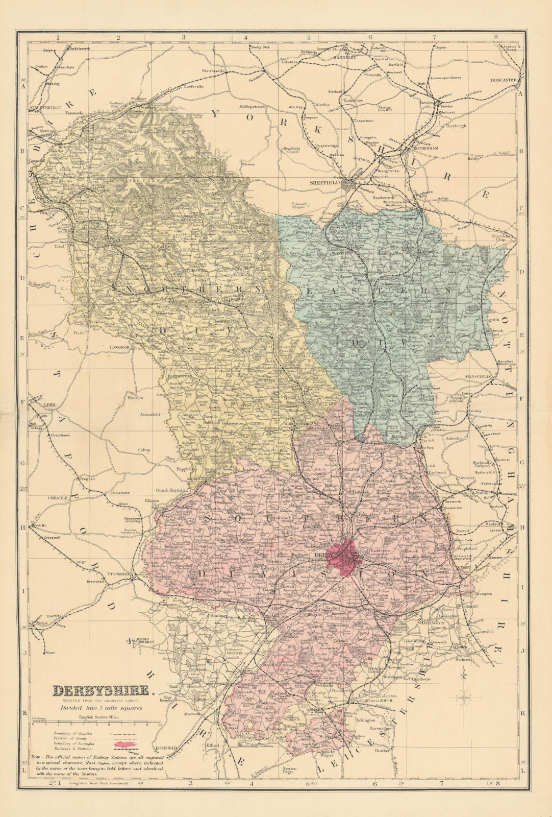 DERBYSHIRE. Antique county map by GW BACON 1884 old plan chart
